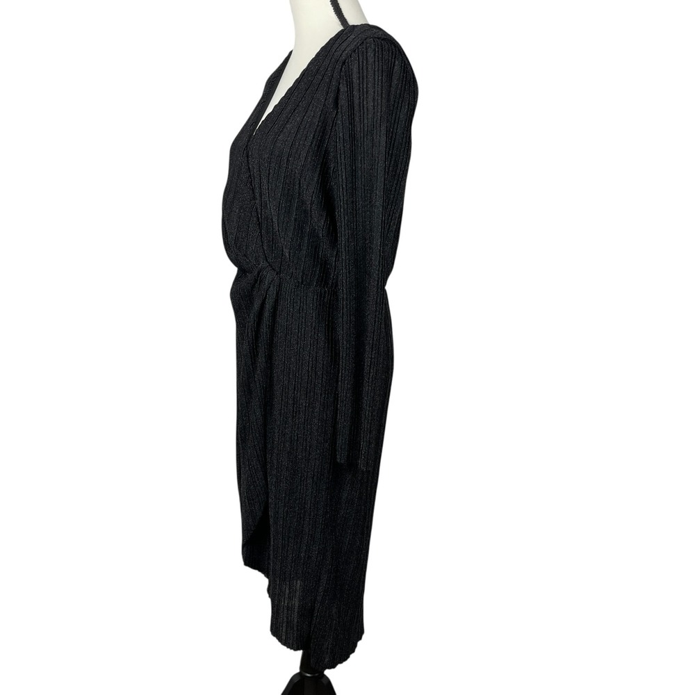 Steve Madden Metallic Crinkle Dress Large Black Shimmer Knot Front Long Sleeve - Picture 7 of 14